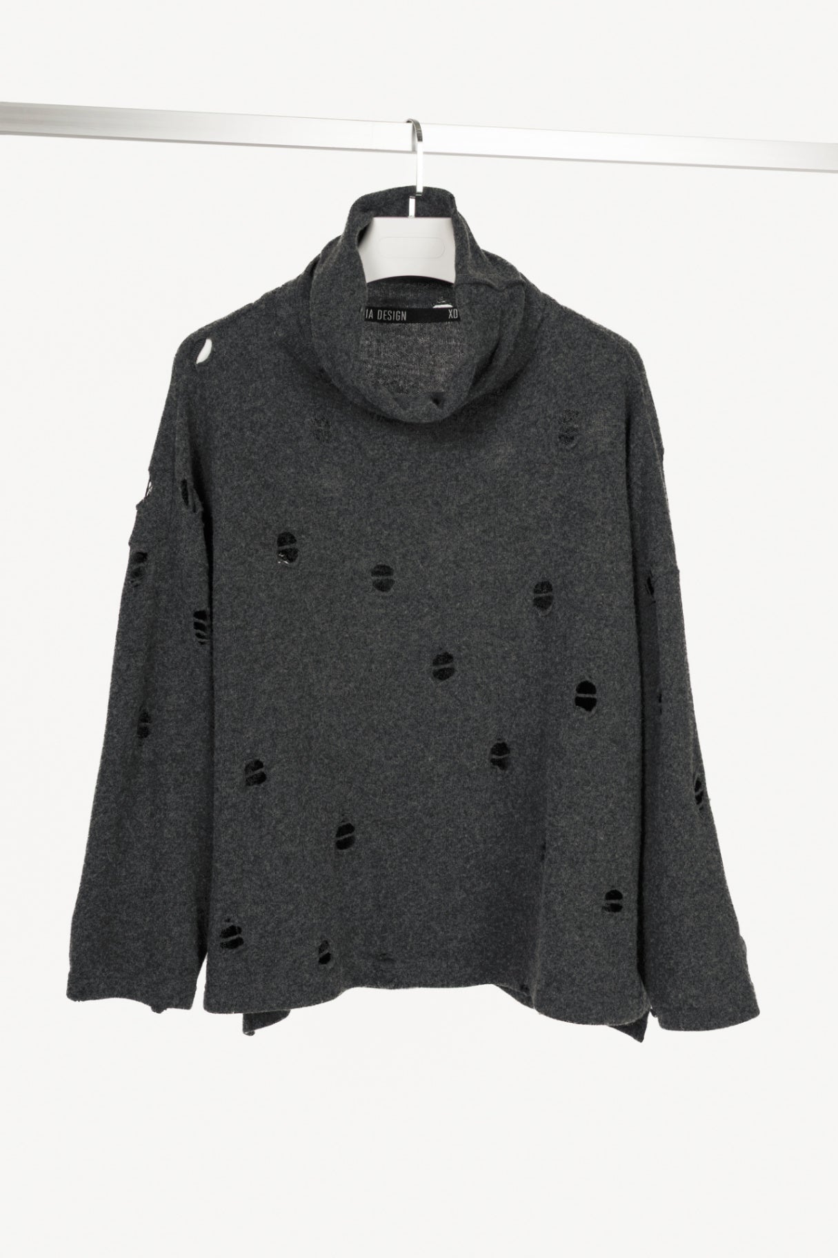 XD Xenia Design Begi Grey Wool Distressed Cowl-Neck Sweater
