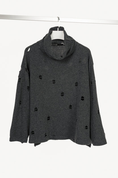 XD Xenia Design Begi Grey Wool Distressed Cowl-Neck Sweater