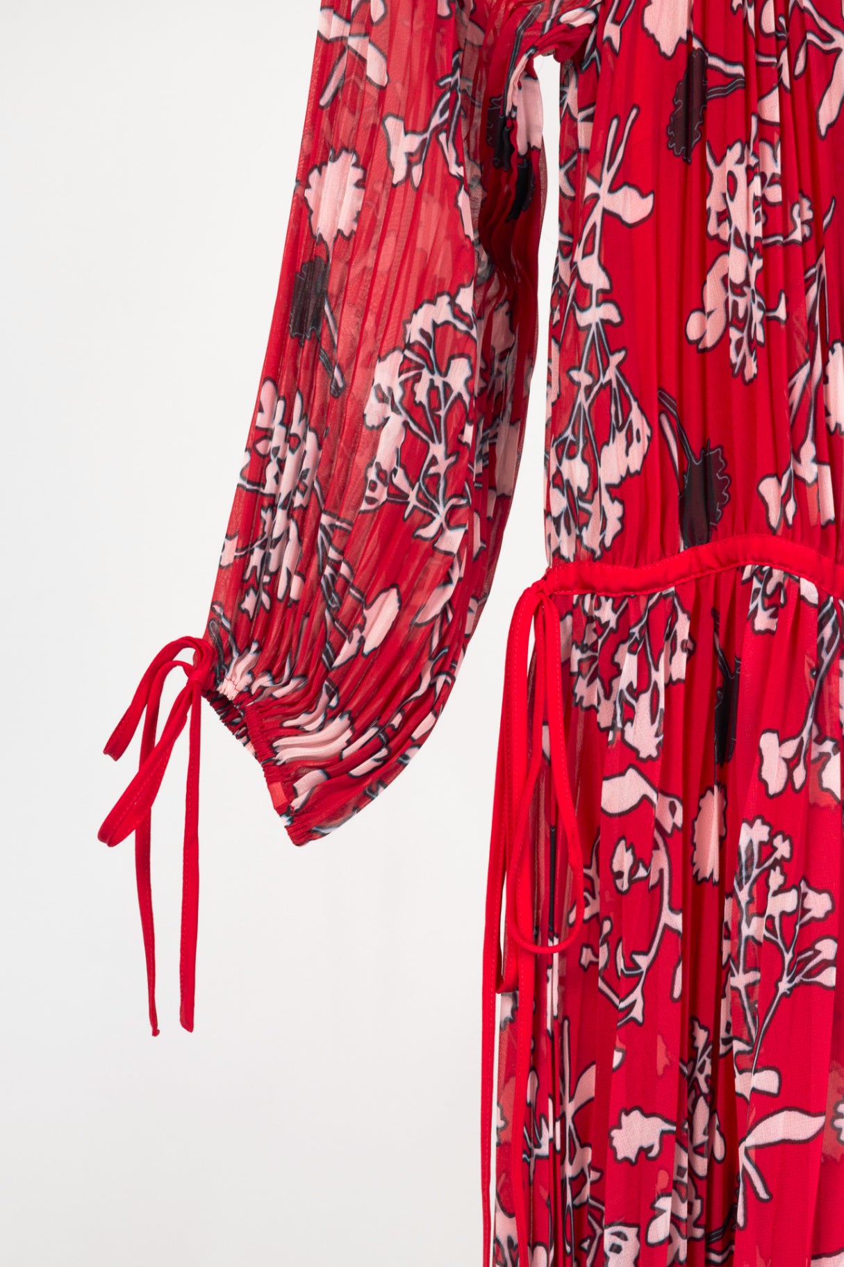 Self-Portrait SS18 Red Floral Pleated Cold-Shoulder Hi-Lo Dress