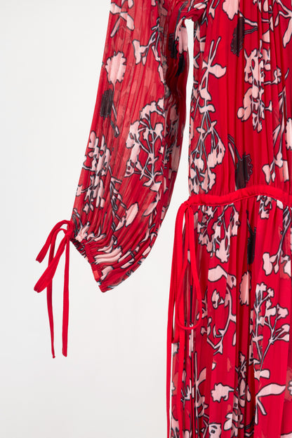 Self-Portrait SS18 Red Floral Pleated Cold-Shoulder Hi-Lo Dress
