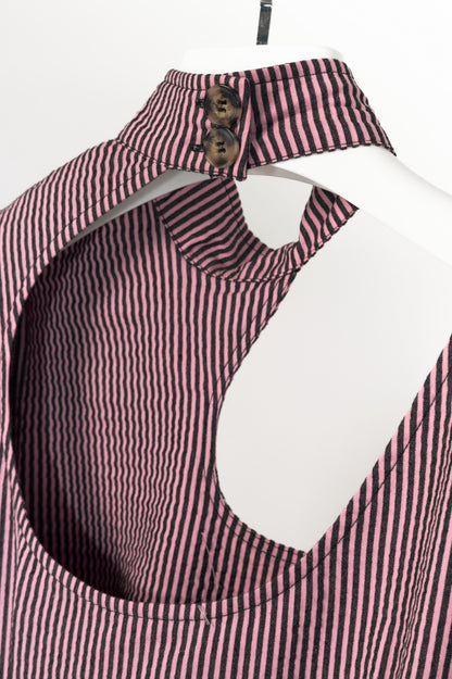 Ganni Moonlight Mauve Striped Seersucker Cutout Midi Dress