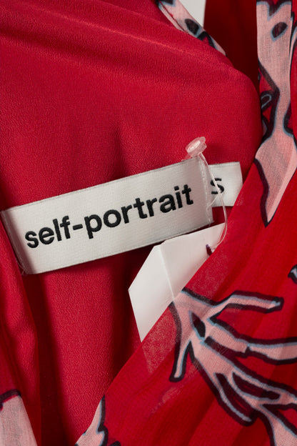Self-Portrait SS18 Red Floral Pleated Cold-Shoulder Hi-Lo Dress
