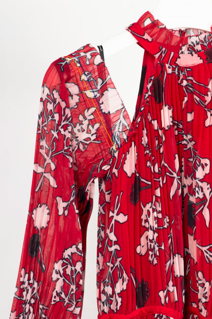Self-Portrait SS18 Red Floral Pleated Cold-Shoulder Hi-Lo Dress