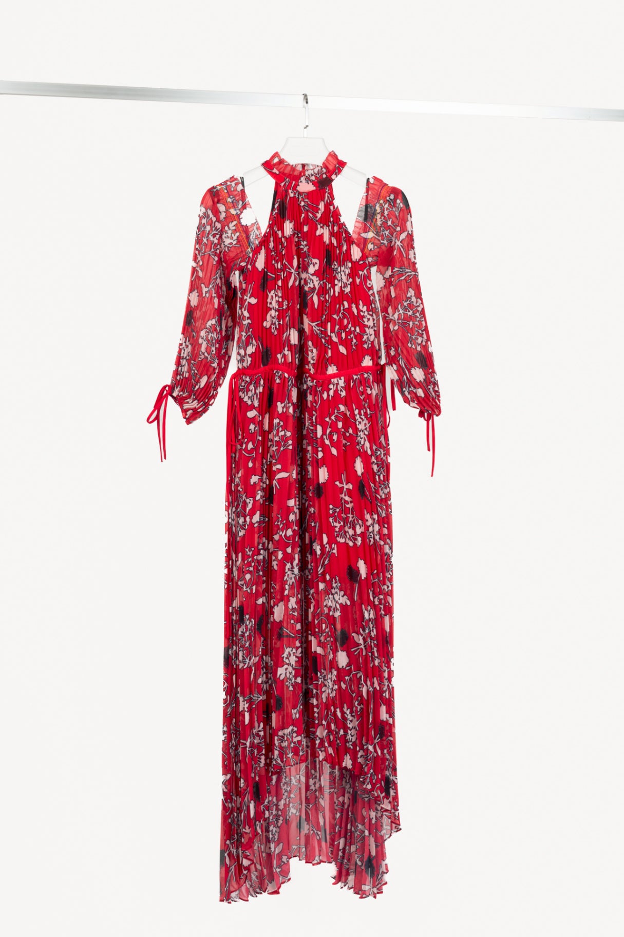 Self-Portrait SS18 Red Floral Pleated Cold-Shoulder Hi-Lo Dress