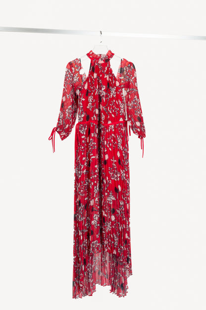 Self-Portrait SS18 Red Floral Pleated Cold-Shoulder Hi-Lo Dress