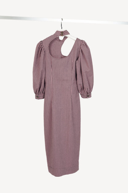 Ganni Moonlight Mauve Striped Seersucker Cutout Midi Dress