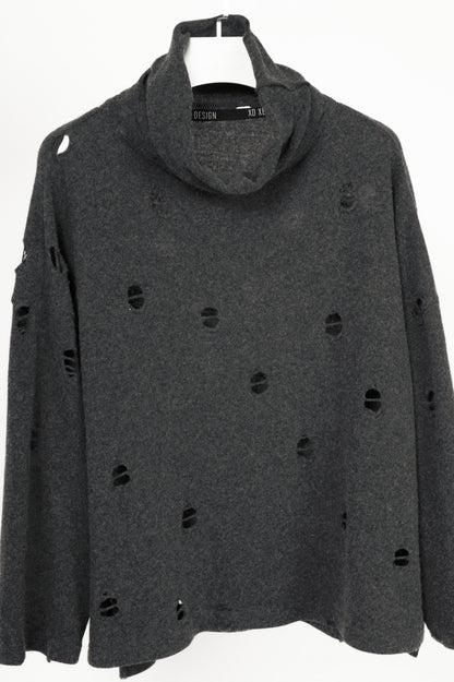 XD Xenia Design Begi Grey Wool Distressed Cowl-Neck Sweater