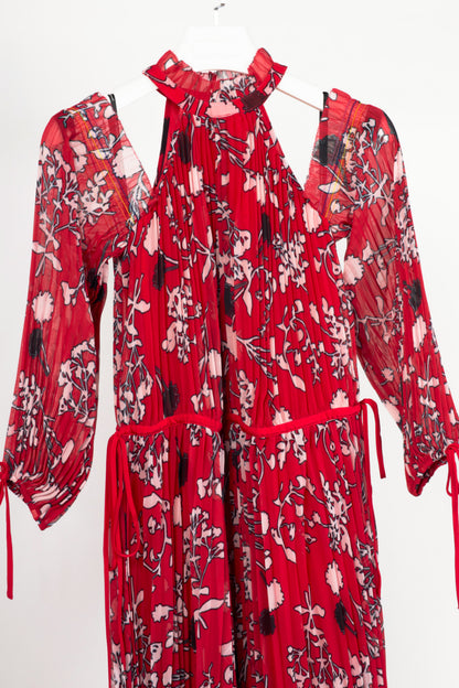 Self-Portrait SS18 Red Floral Pleated Cold-Shoulder Hi-Lo Dress