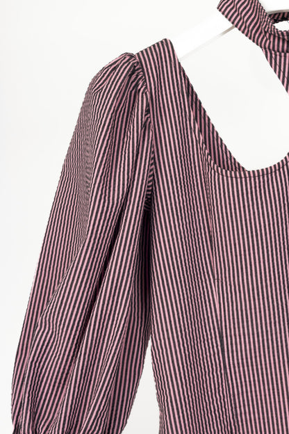 Ganni Moonlight Mauve Striped Seersucker Cutout Midi Dress