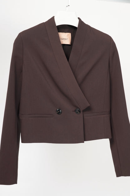 Twinset "Black Chocolate" Crepe Double-Breasted Cropped Blazer