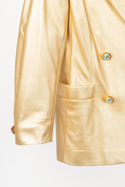 Escada Margaretha Ley Vintage Metallic Gold Leather Double-Breasted Blazer