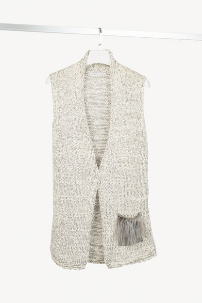 Fabiana Filippi White & Grey Cotton-Knit Feather-Pocket Vest