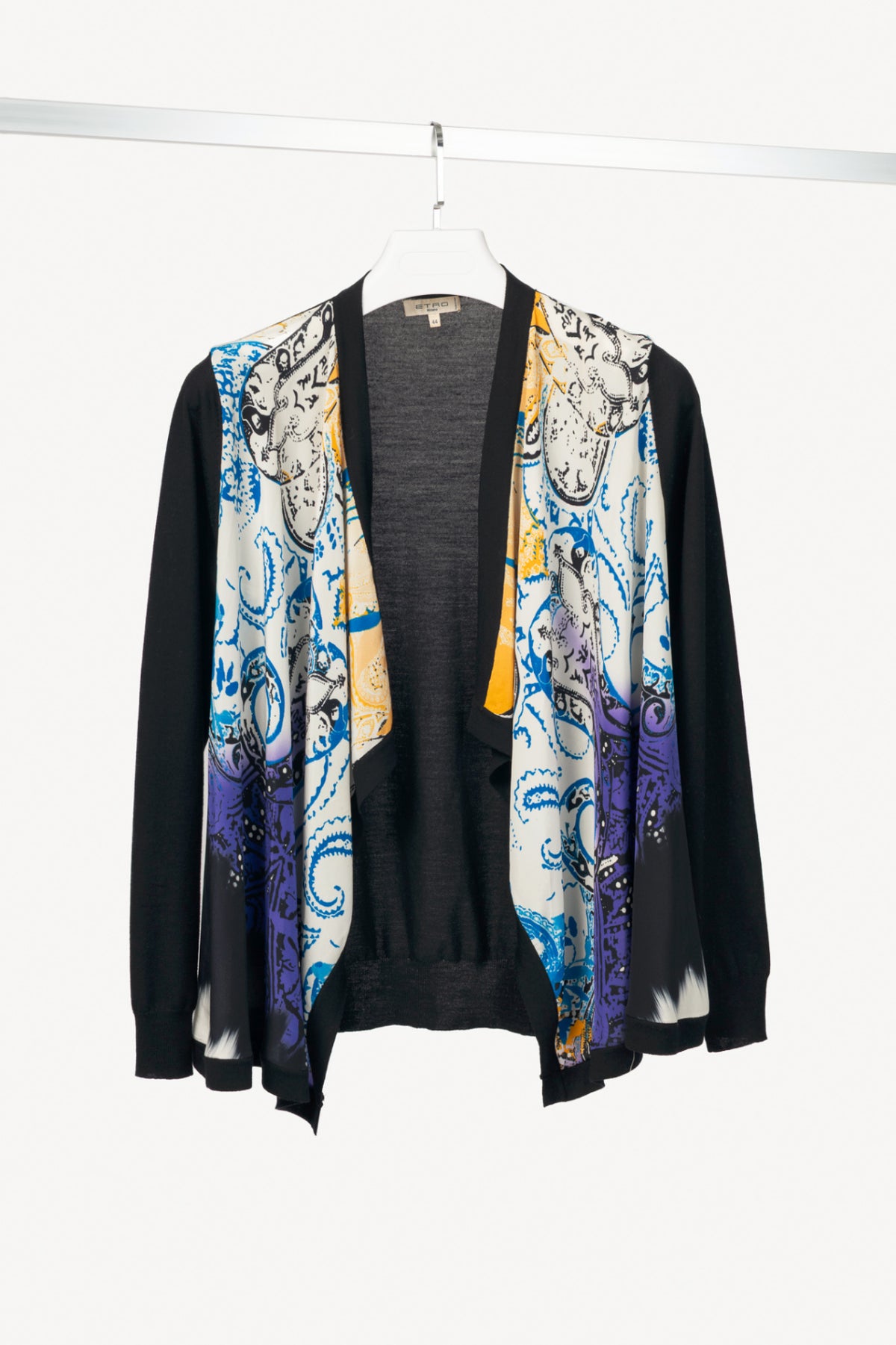 Etro Black Wool Paisley-Front Open-Front Waterfall Cardigan