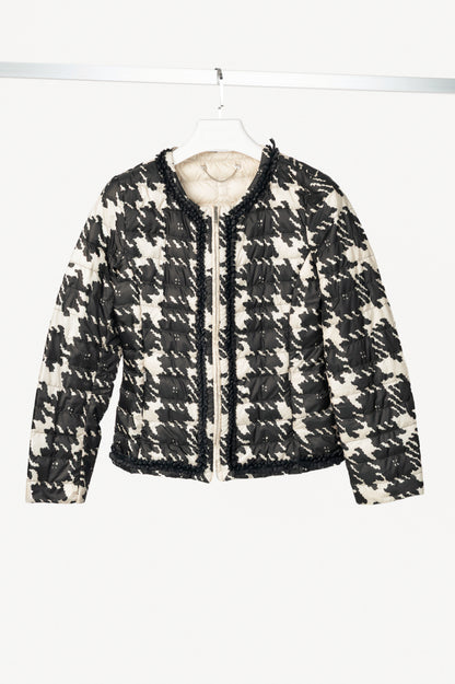 Weekend Max Mara Beige & Black Houndstooth Quilted Loop-Fringe Jacket