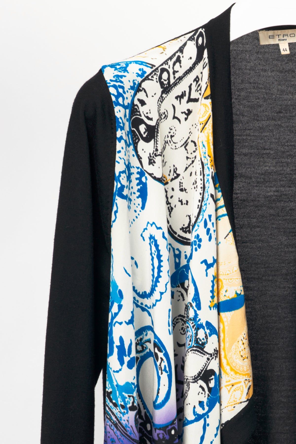 Etro Black Wool Paisley-Front Open-Front Waterfall Cardigan
