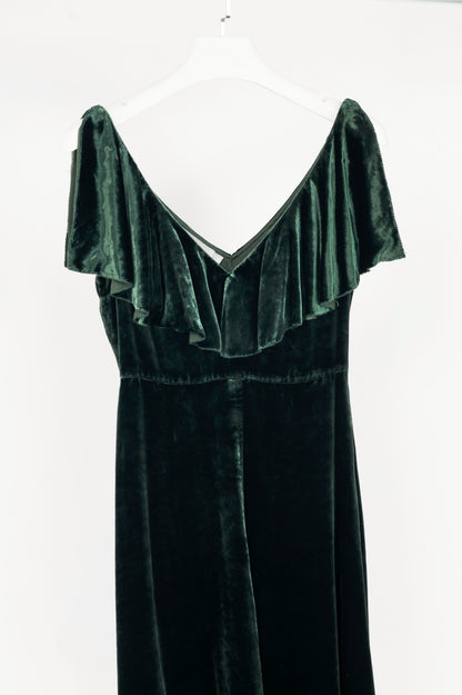 Valentino AW16 Runway Green Velvet Ruffle-Neck Midi Dress