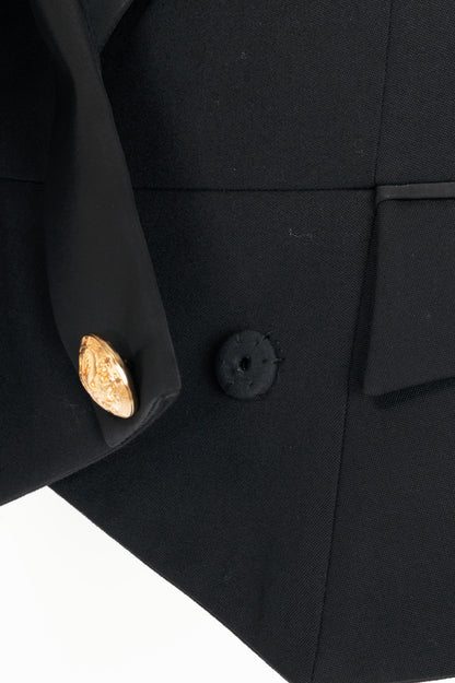 Balmain Black Wool-Twill Double-Breasted Cropped Peplum Blazer