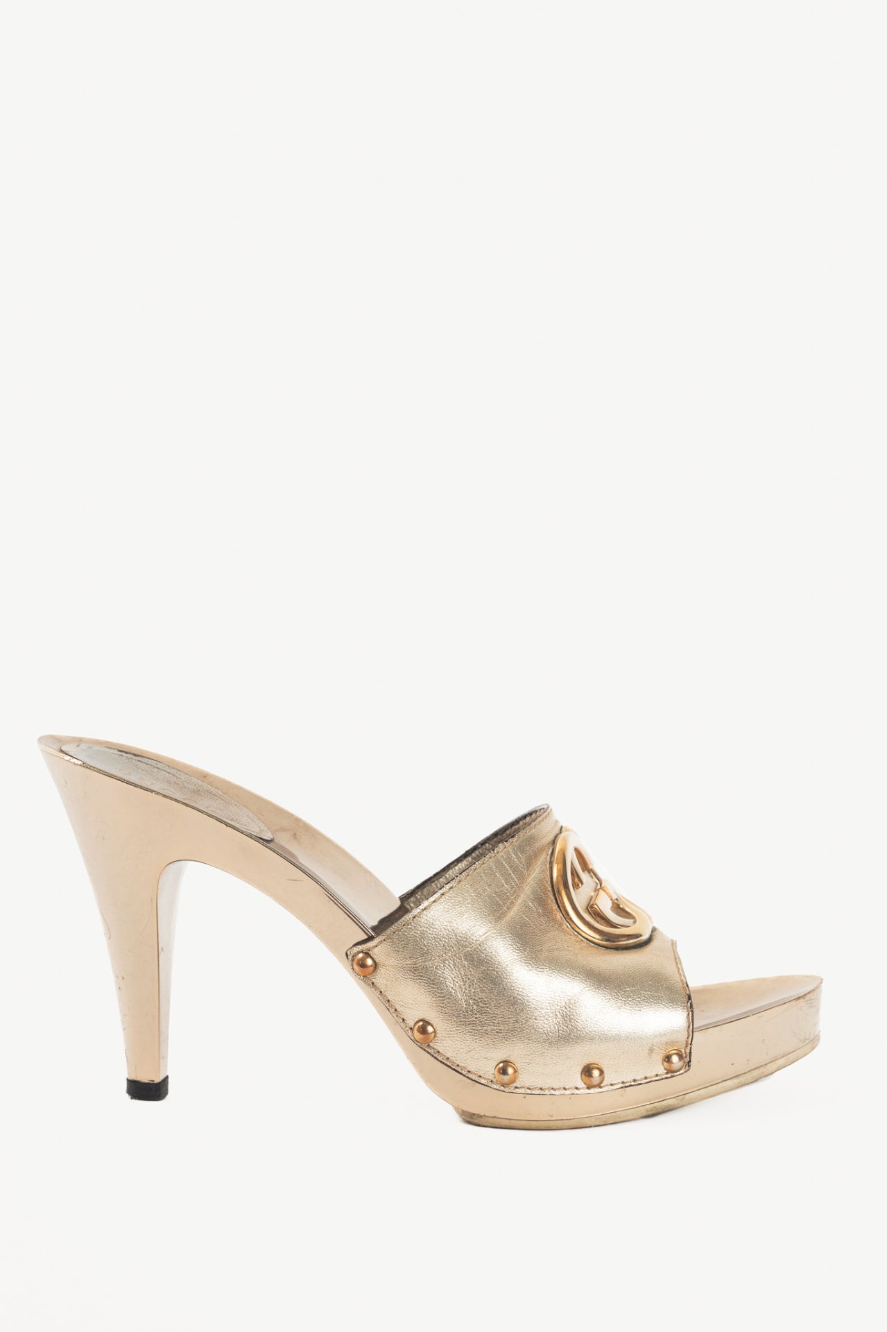 Gucci Metallic Gold Leather GG Mule Sandals