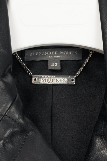 Alexander McQueen Black Leather Belted Peplum Moto Jacket