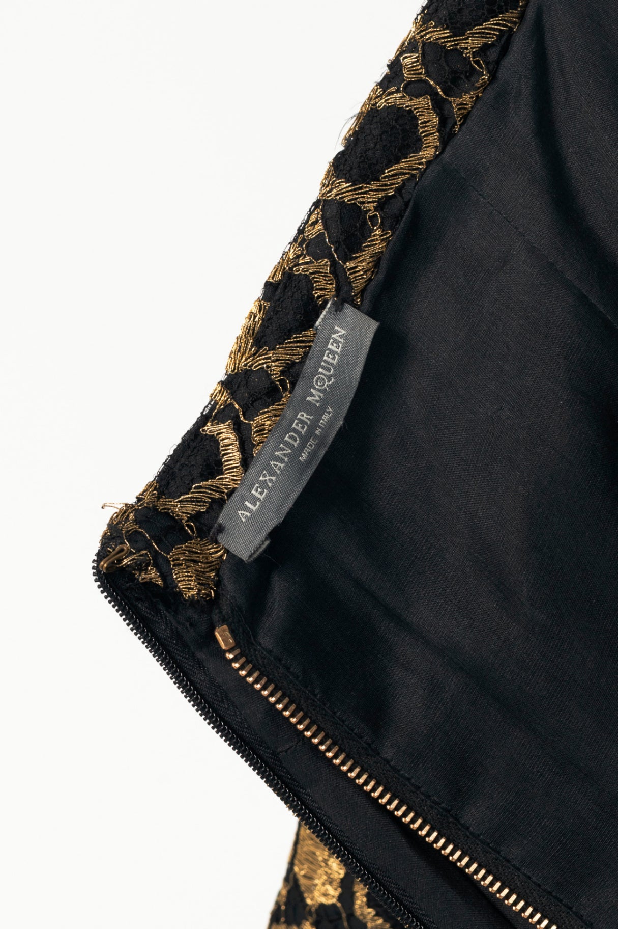 Alexander McQueen SS13 Black & Gold Metallic-Lace Strapless Dress
