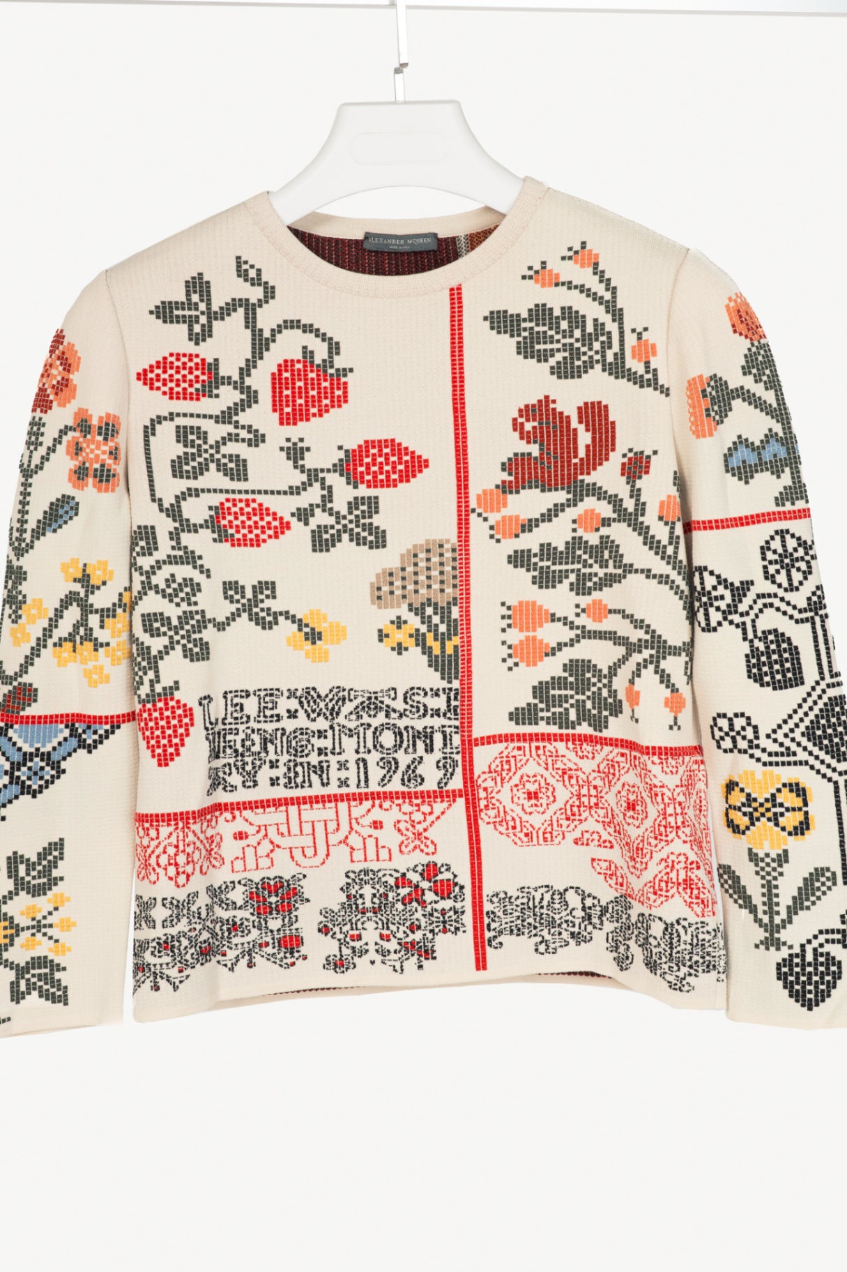 Alexander McQueen AW17 Cream Floral-Cross-Stitch Silk-Blend Sweater