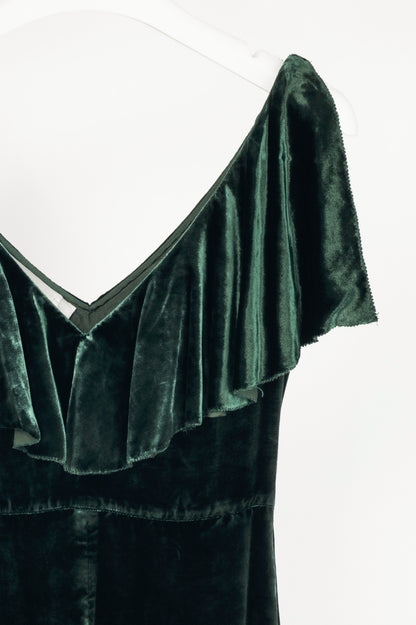 Valentino AW16 Runway Green Velvet Ruffle-Neck Midi Dress