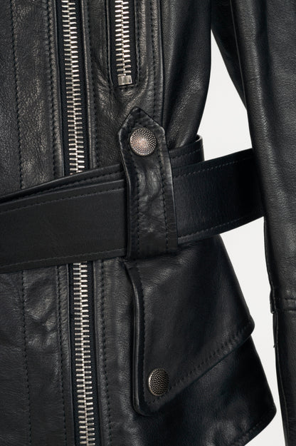 Alexander McQueen Black Leather Belted Peplum Moto Jacket