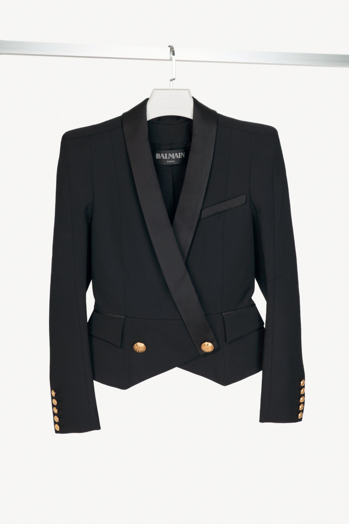 Balmain Black Wool-Twill Double-Breasted Cropped Peplum Blazer