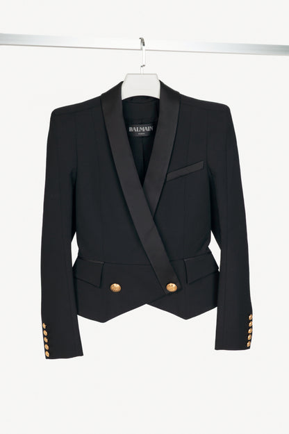 Balmain Black Wool-Twill Double-Breasted Cropped Peplum Blazer