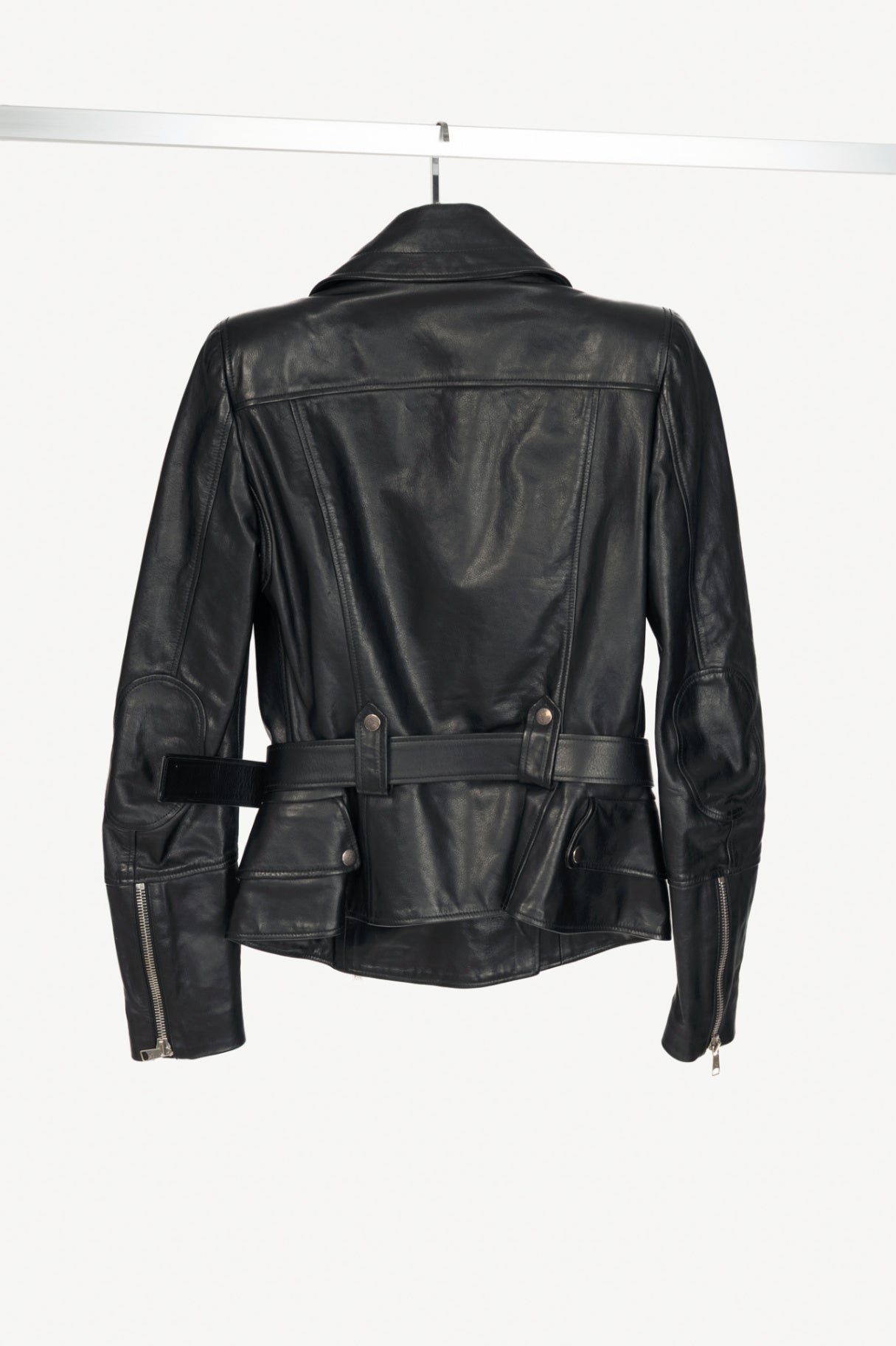 Alexander McQueen Black Leather Belted Peplum Moto Jacket