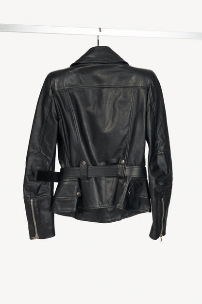 Alexander McQueen Black Leather Belted Peplum Moto Jacket