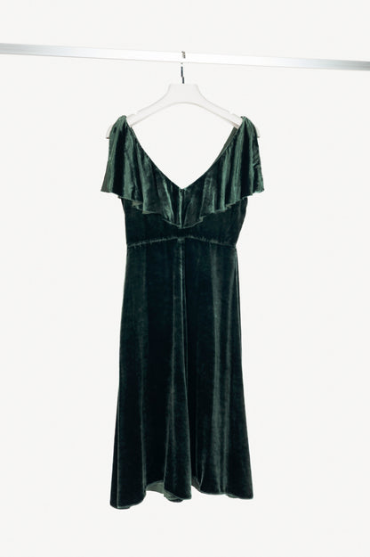 Valentino AW16 Runway Green Velvet Ruffle-Neck Midi Dress