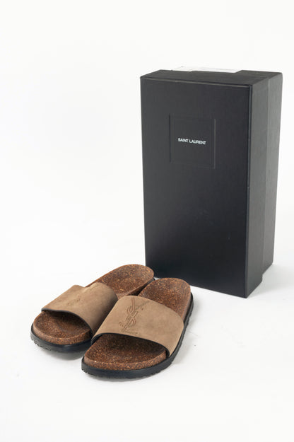 Saint Laurent Joan Mist Otterproof-Suede YSL Slide Sandals