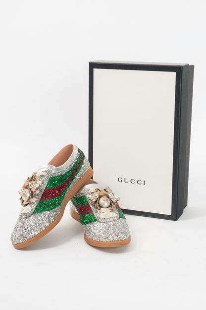 Gucci Falacer Argento Glitter Web-Stripe Bee Sneakers