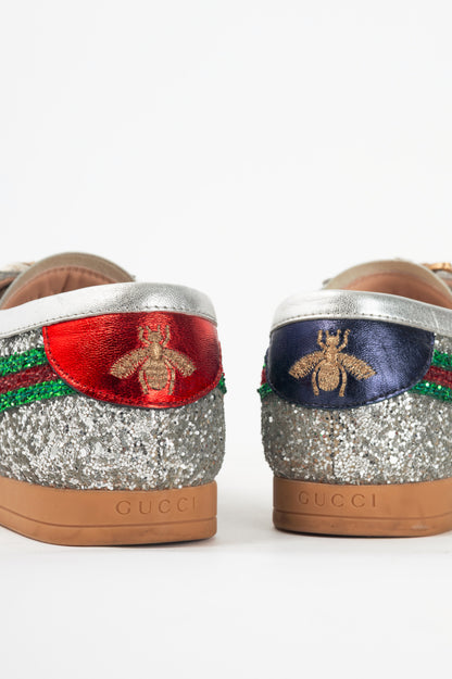 Gucci Falacer Argento Glitter Web-Stripe Bee Sneakers