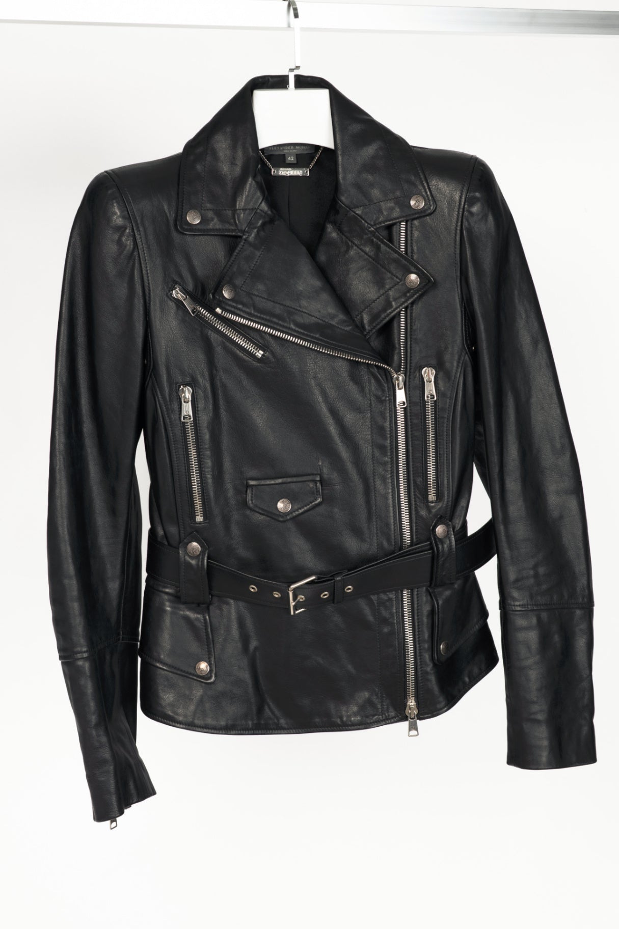 Alexander McQueen Black Leather Belted Peplum Moto Jacket