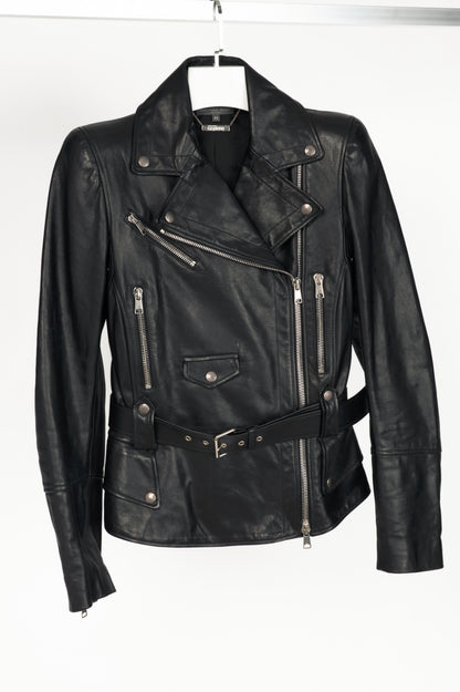 Alexander McQueen Black Leather Belted Peplum Moto Jacket