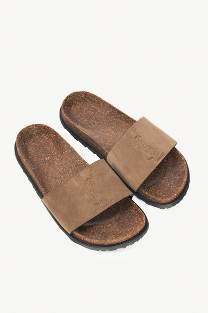Saint Laurent Joan Mist Otterproof-Suede YSL Slide Sandals