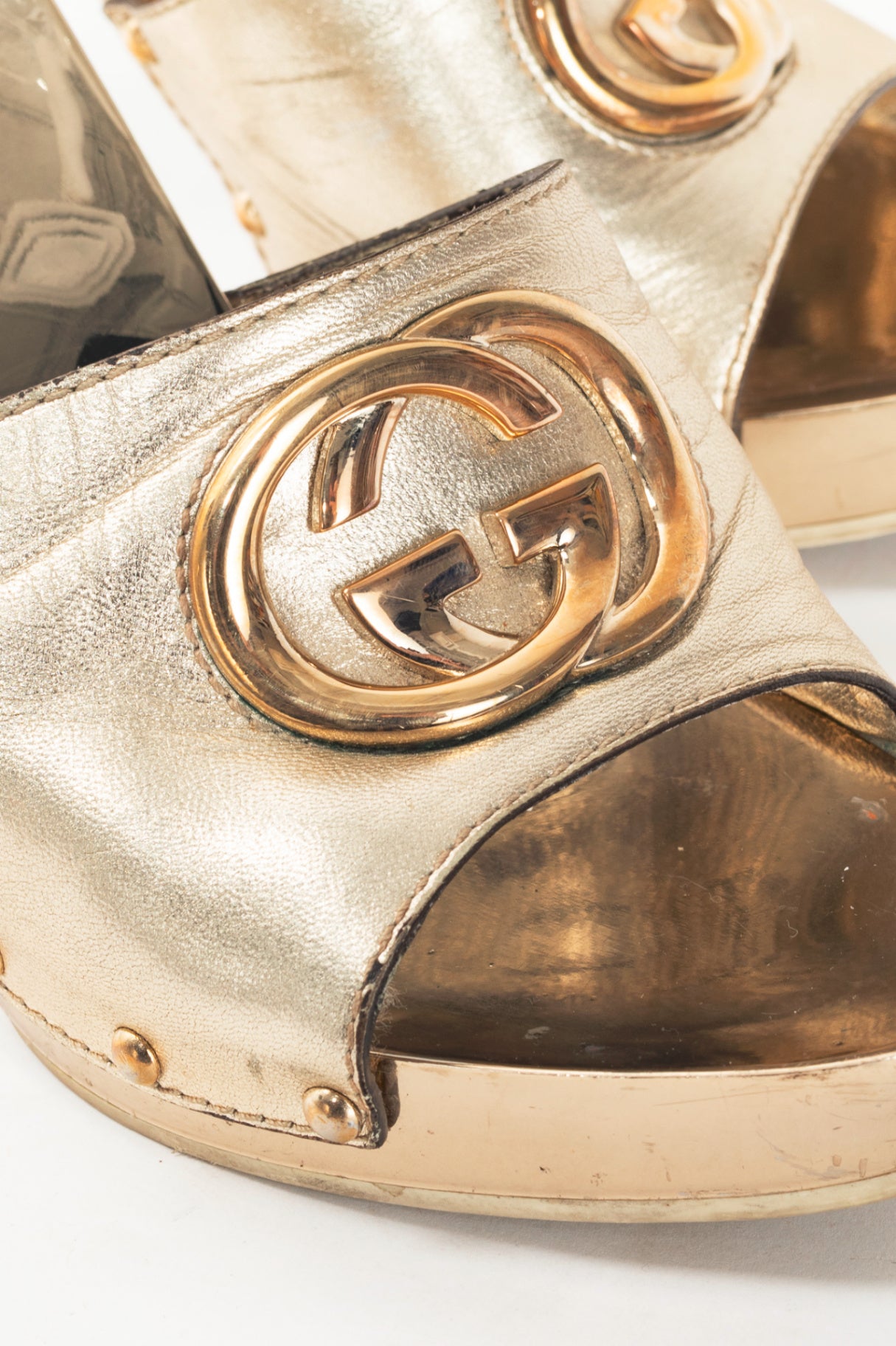 Gucci Metallic Gold Leather GG Mule Sandals