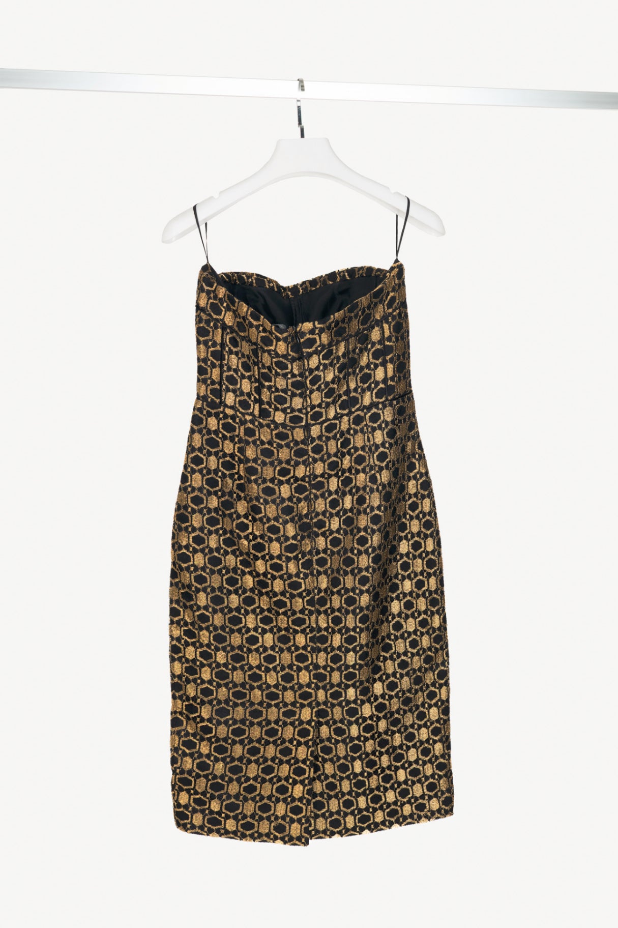 Alexander McQueen SS13 Black & Gold Metallic-Lace Strapless Dress