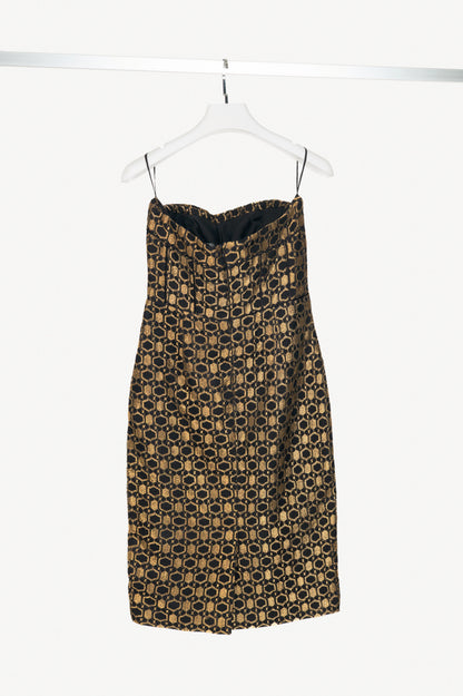 Alexander McQueen SS13 Black & Gold Metallic-Lace Strapless Dress