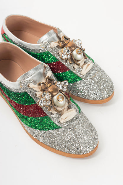 Gucci Falacer Argento Glitter Web-Stripe Bee Sneakers