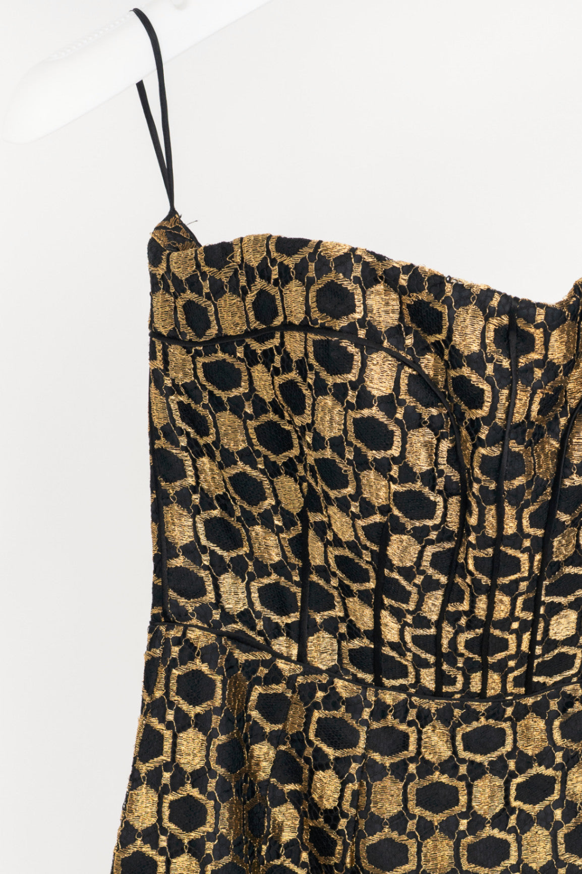 Alexander McQueen SS13 Black & Gold Metallic-Lace Strapless Dress