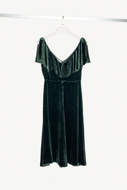 Valentino AW16 Runway Green Velvet Ruffle-Neck Midi Dress