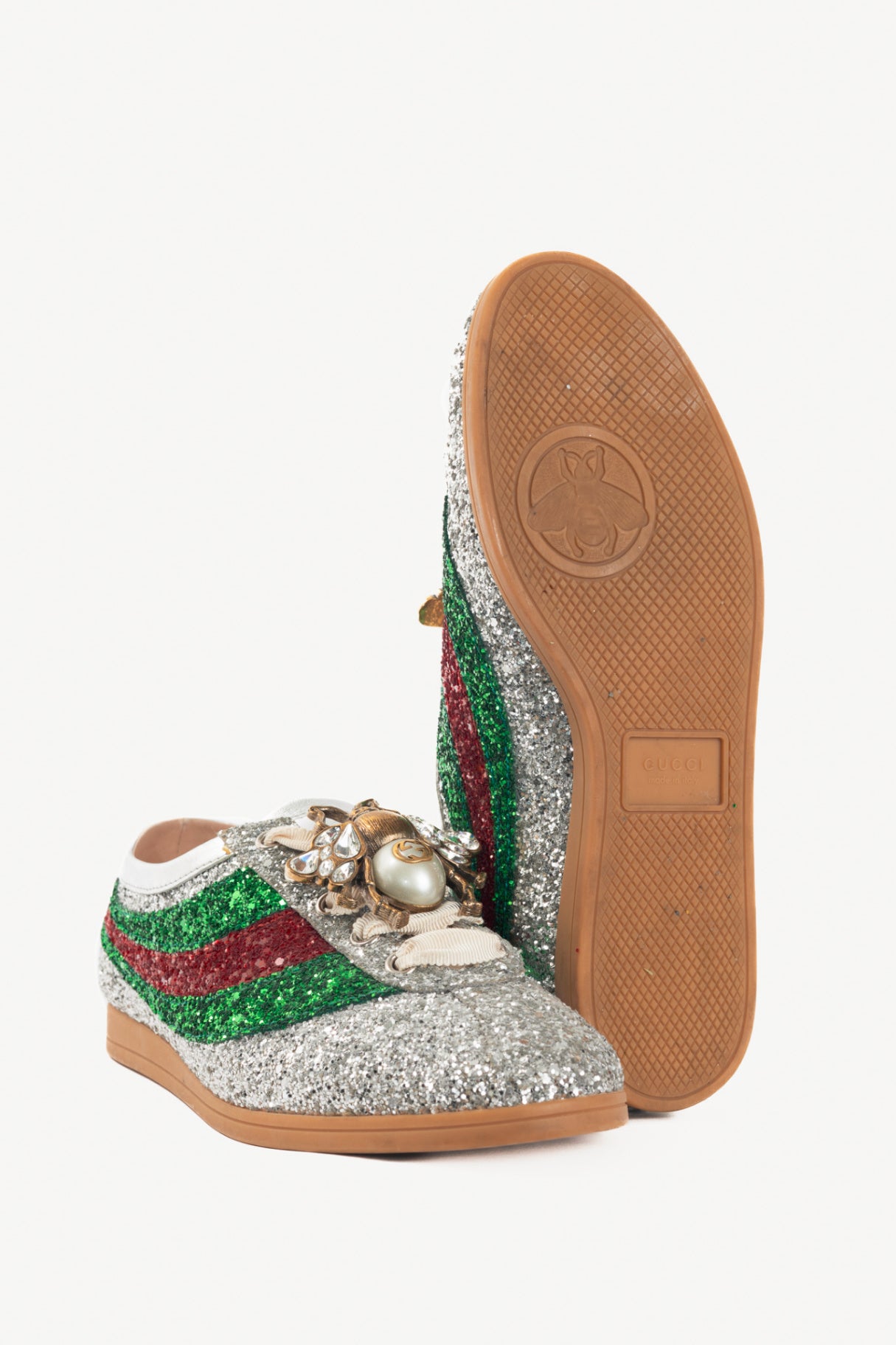 Gucci Falacer Argento Glitter Web-Stripe Bee Sneakers