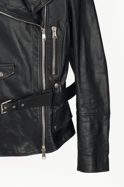 Alexander McQueen Black Leather Belted Peplum Moto Jacket