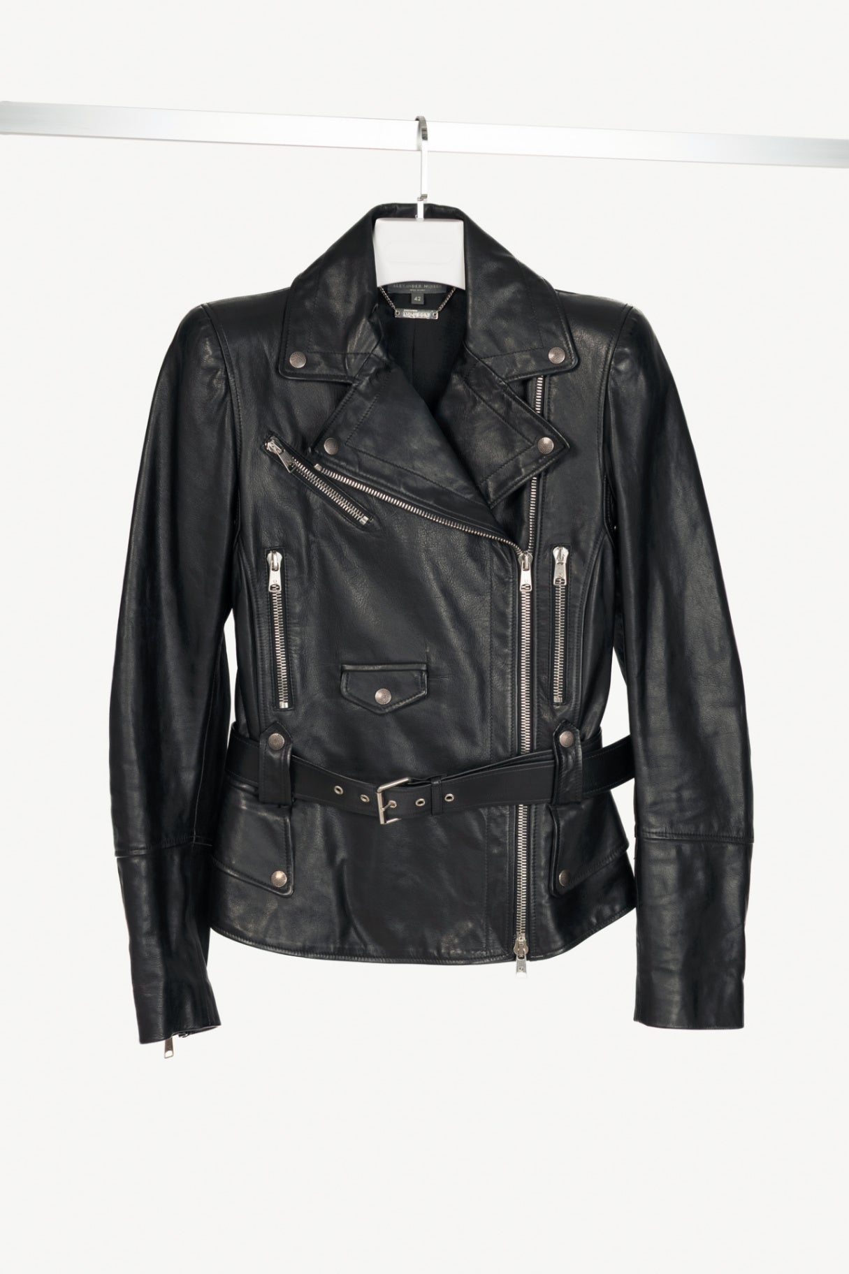 Alexander McQueen Black Leather Belted Peplum Moto Jacket