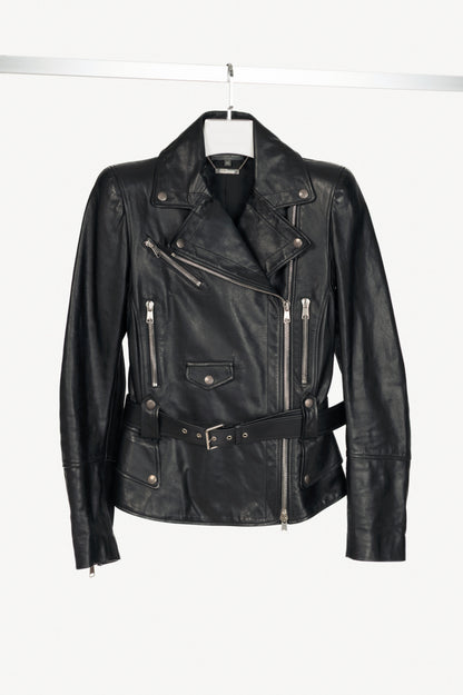 Alexander McQueen Black Leather Belted Peplum Moto Jacket