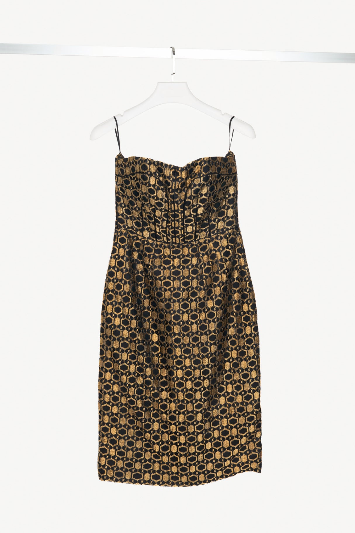 Alexander McQueen SS13 Black & Gold Metallic-Lace Strapless Dress
