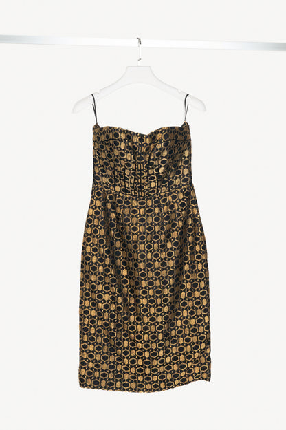 Alexander McQueen SS13 Black & Gold Metallic-Lace Strapless Dress